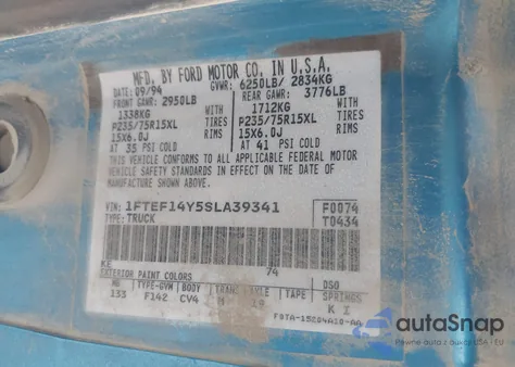 1995 Ford F-150 z USA, uszkodzony, nr VIN 1FKEF14Y5SLA39341